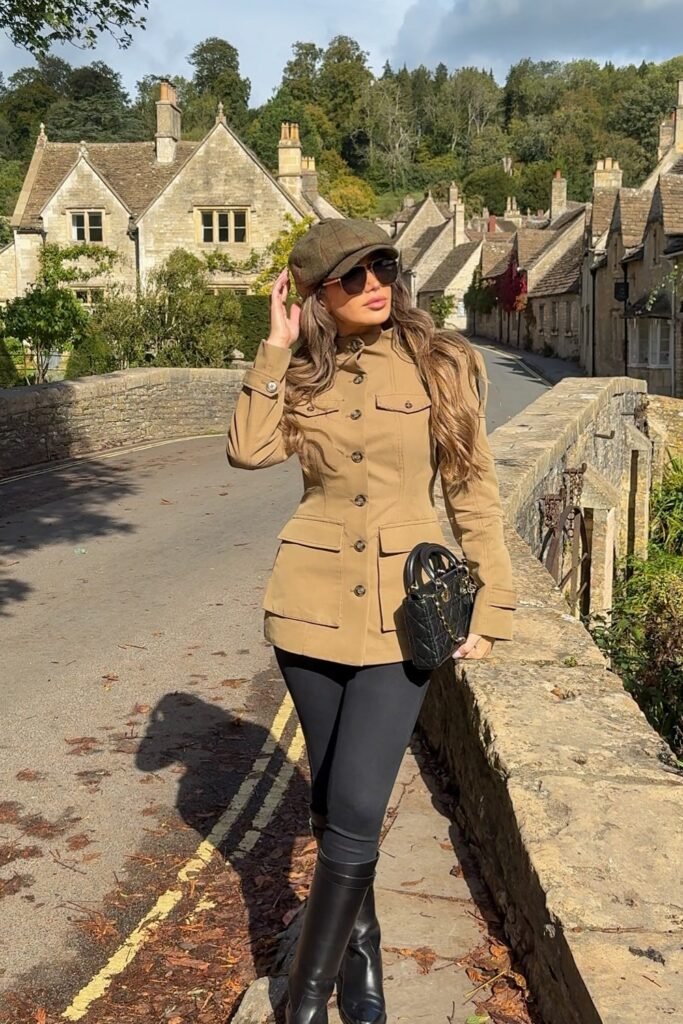 Tan Utility Jacket + Black Leggings + Black Knee-High Boots + Newsboy Cap