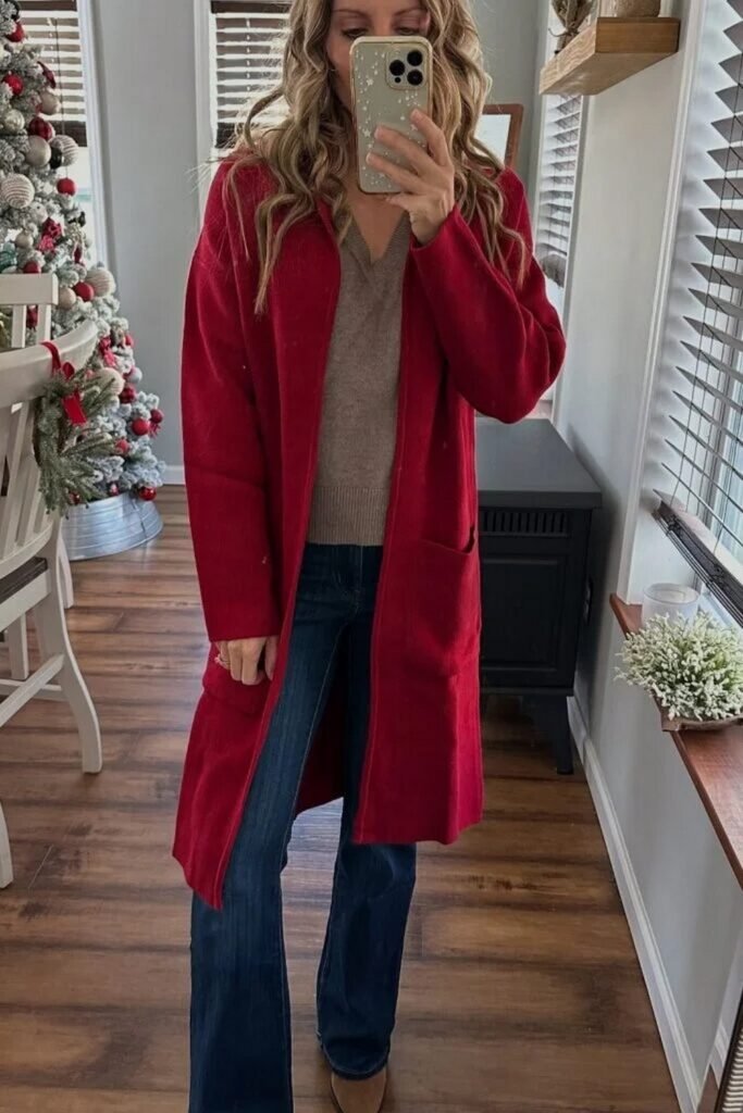 Tan V-neck Sweater + Red Long Cardigan/Coat + Dark Blue Flared Jeans + Brown Boots