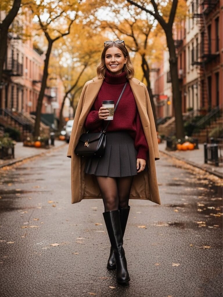 Tan Wool Coat + Burgundy Turtleneck Sweater + Grey Pleated Skirt + Black Knee-High Boots