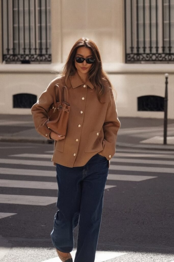 Tan/Camel Collared Jacket with Pearl Buttons + Dark Wash Wide-Leg Jeans + Tan Structured Handbag + Sunglasses