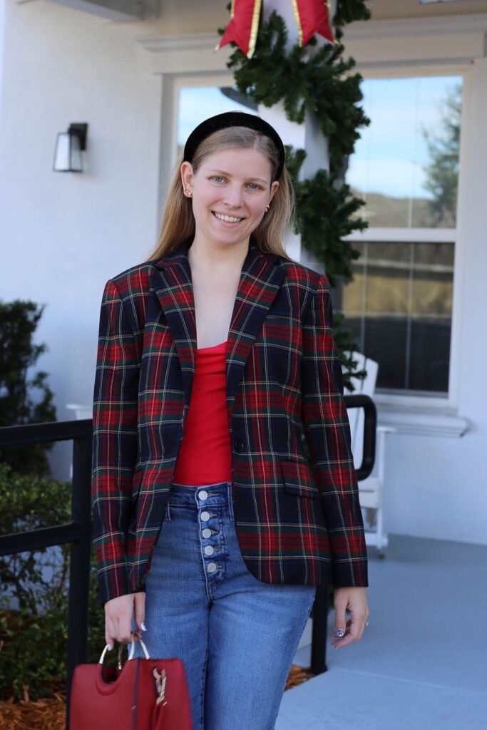 Tartan Plaid Blazer (Navy, Red, Green) + Red Tank Top + High-Waisted Blue Jeans