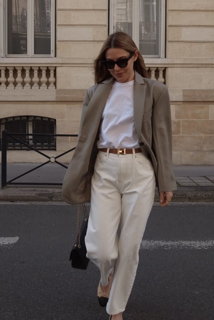 Taupe Blazer + White T-Shirt + Cream Straight-Leg Jeans + Two-Tone Cap-Toe Flats