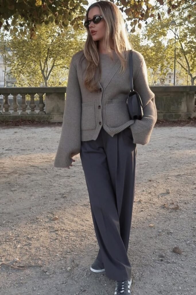Taupe Cardigan and Knit Top Set + Charcoal Grey Pleated Wide-Leg Trousers + Grey and White Sneakers