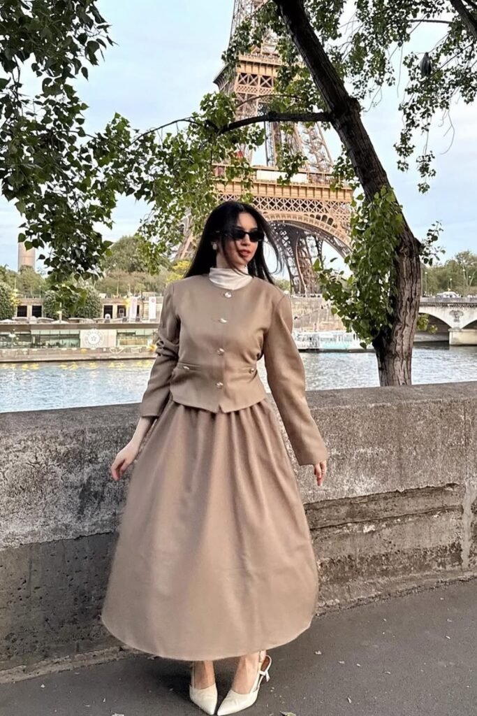 Taupe Cropped Jacket and Midi Skirt Set + White Turtleneck + White Heels