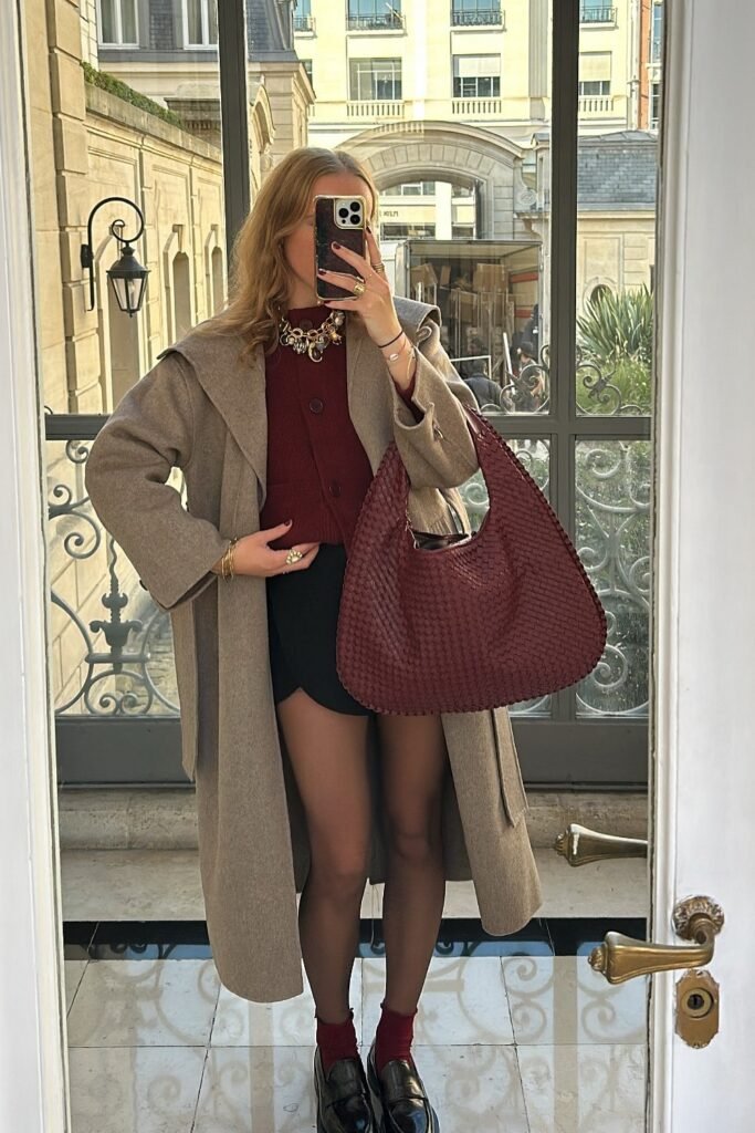 Taupe Hooded Coat + Burgundy Cardigan + Black Skort + Woven Burgundy Bag