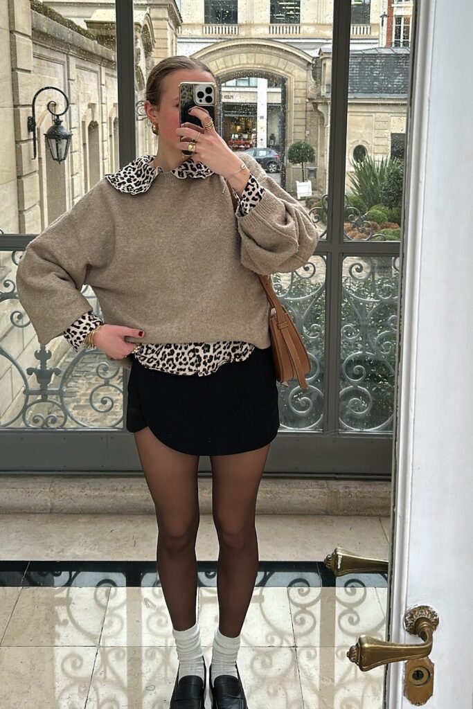 Taupe Knit Sweater + Leopard Print Collared Shirt + Black Mini Skirt + Loafers