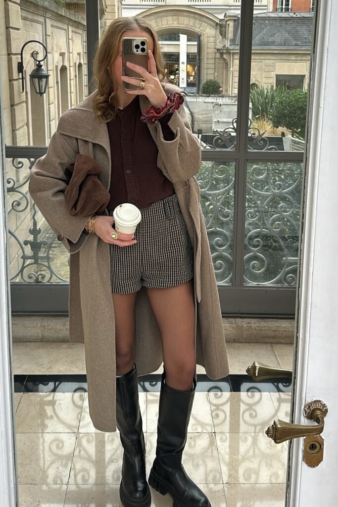 Taupe Long Coat + Brown Cardigan + Plaid Shorts + Black Knee-High Boots