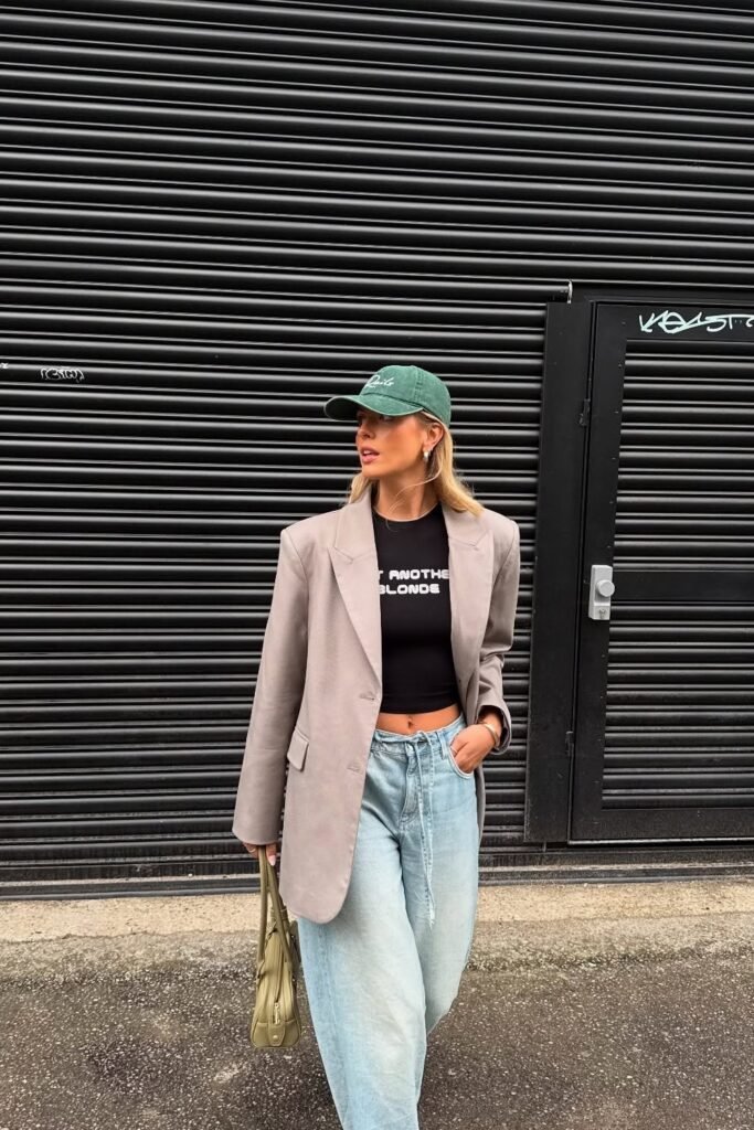 Taupe Oversized Blazer + Light Wash Baggy Jeans + Black Graphic Crop Top