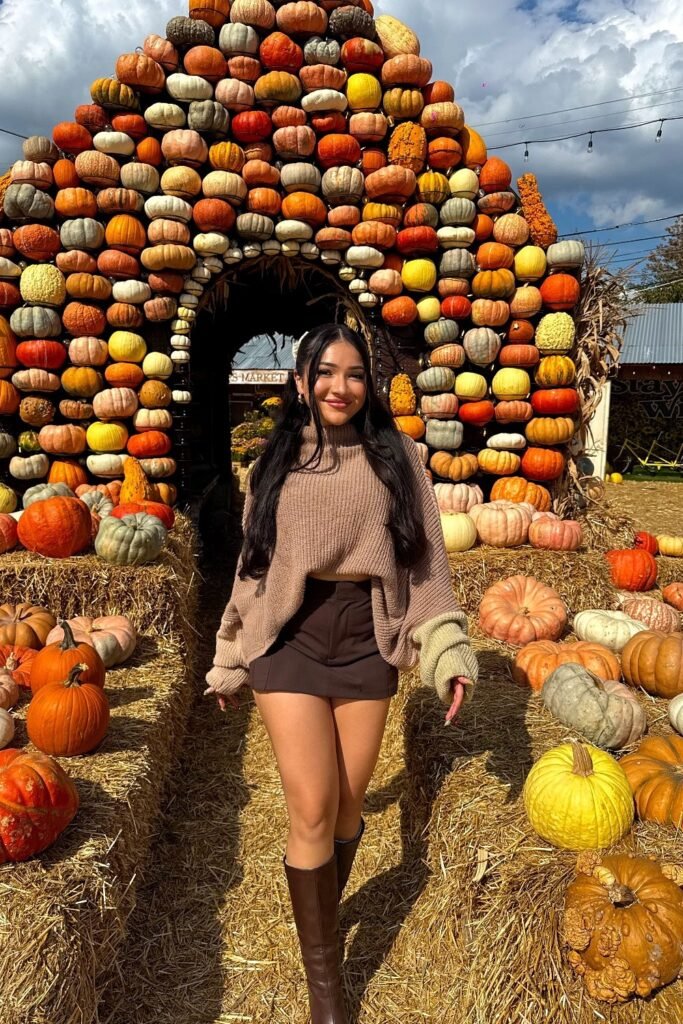 Taupe Oversized Sweater + Brown Mini Shorts + Brown Knee-High Boots