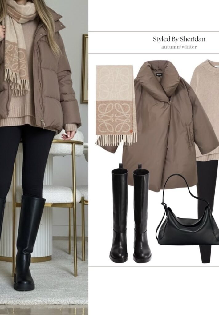 Taupe Puffer Jacket + Beige Knit Sweater + Black Leggings + Black Knee Boots + Beige Scarf + Black Shoulder Bag