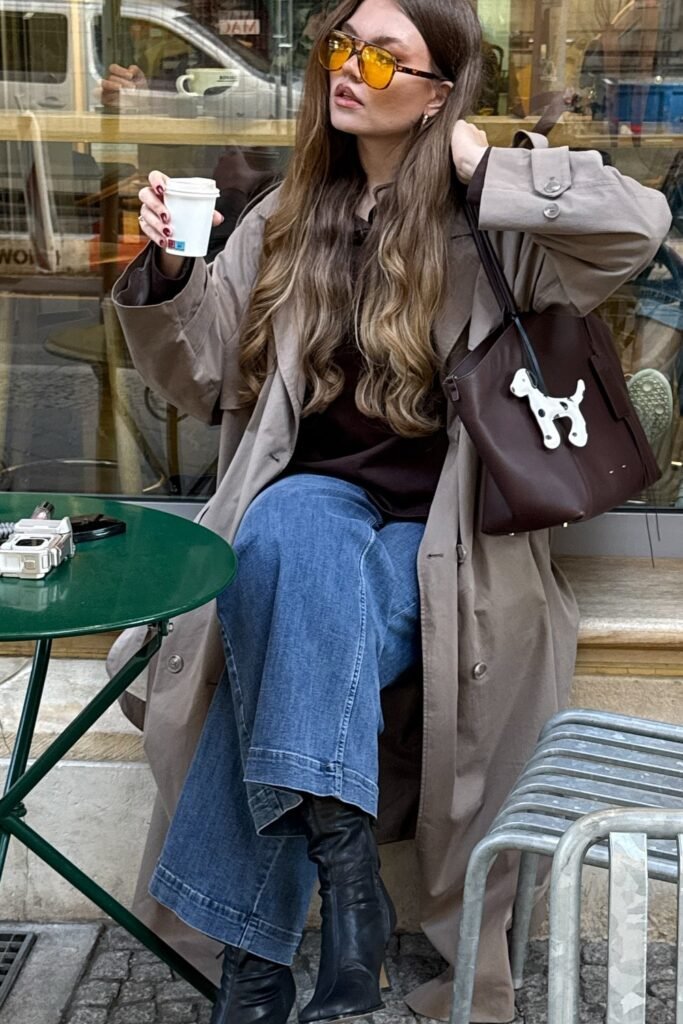 Taupe Trench Coat + Brown Top/Sweater + Wide-Leg Jeans + Black Pointed-Toe Boots + Brown Tote Bag