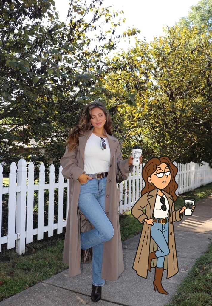 Taupe Trench Coat + White T-Shirt + Blue Jeans + Brown Belt + Black Boots + Sunglasses