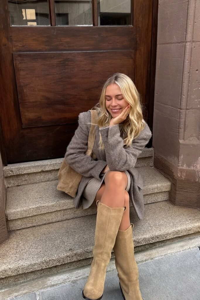 Taupe Wool Blend Blazer + Knit Mini Dress + Tan Suede Knee-High Boots