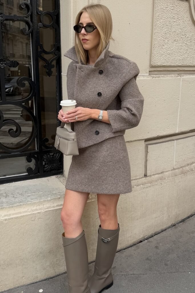 Taupe Wool Cropped Coat + Matching Mini Skirt + Taupe Knee-High Boots + Beige Mini Handbag + Black Sunglasses