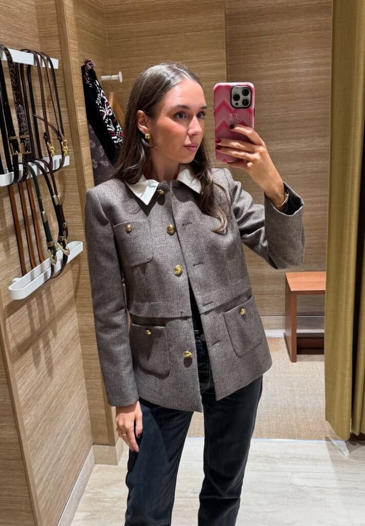 Tweed Gold-Button Jacket + White Collar Blouse + Washed Black Jeans