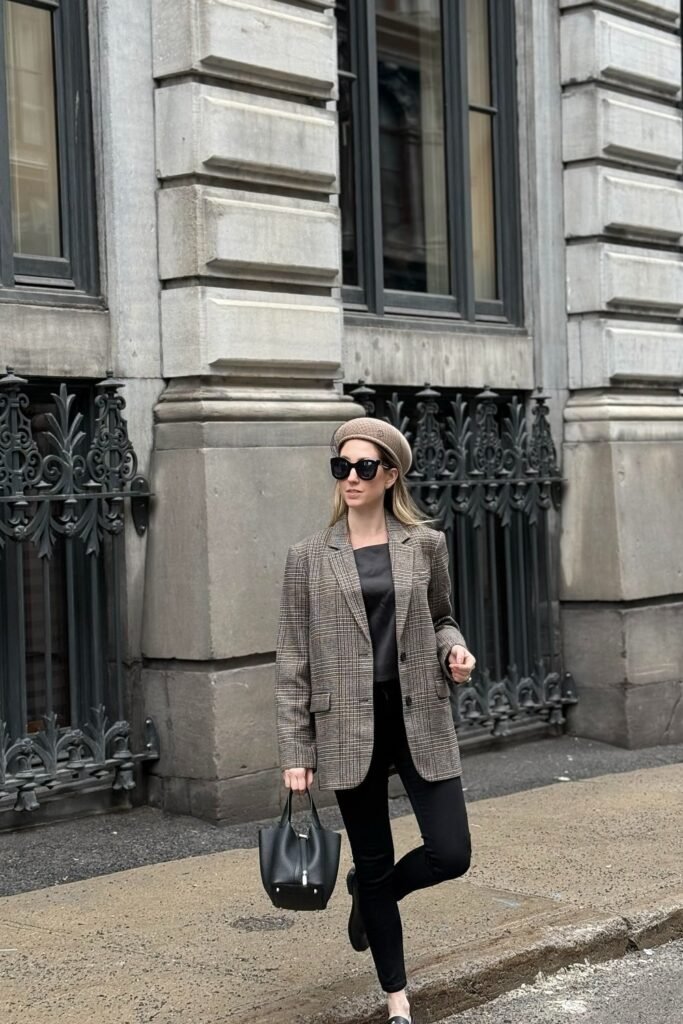 Tweed Plaid Blazer + Black Satin Camisole + Black Skinny Pants + Tan Beret
