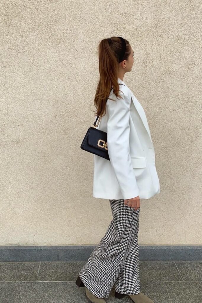 White Blazer + Black and White Houndstooth Wide-Leg Trousers + Tan Ankle Boots