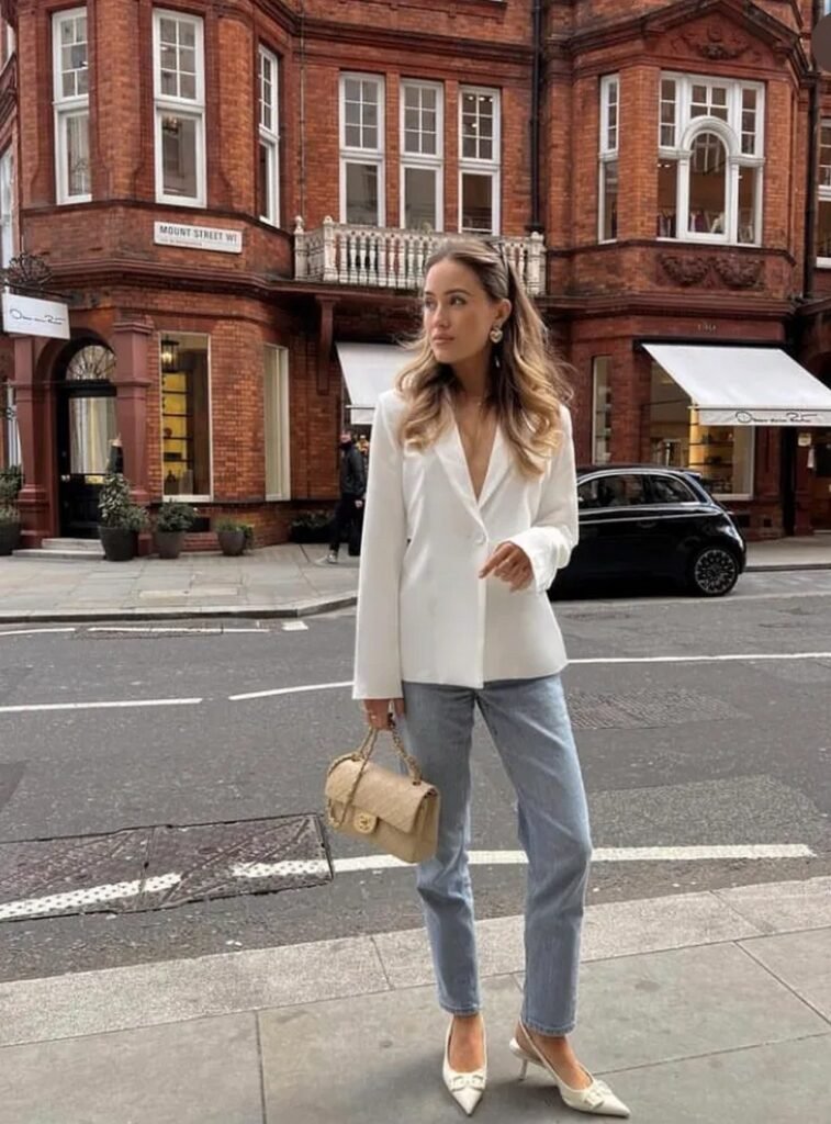White Blazer + Light Wash Straight Leg Jeans + White Kitten Heels + Beige Chain Strap Bag