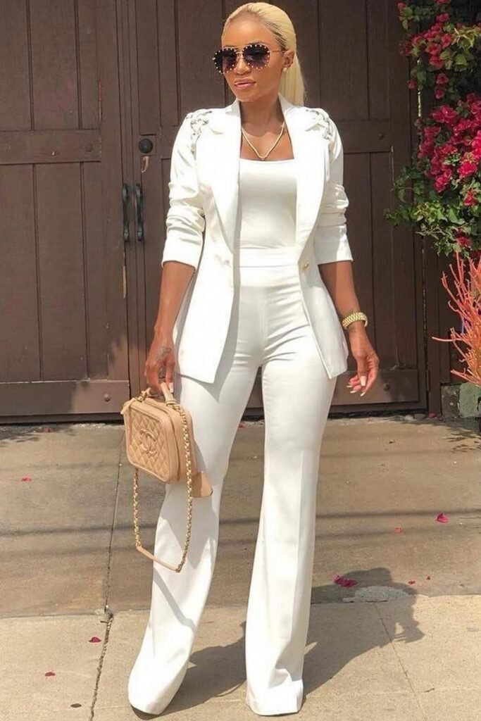 White Blazer Suit + White Flared Trousers + Gold Accessories + Tan Mini Bag