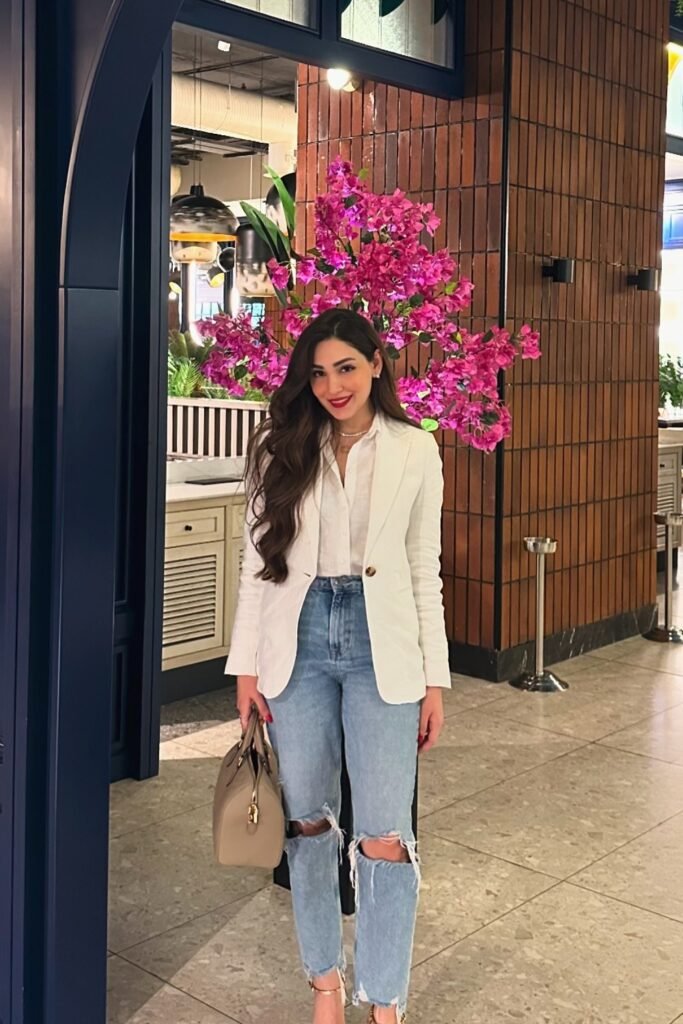 White Blazer + White Button-Up Shirt + Light Wash Ripped Jeans + Tan Heels