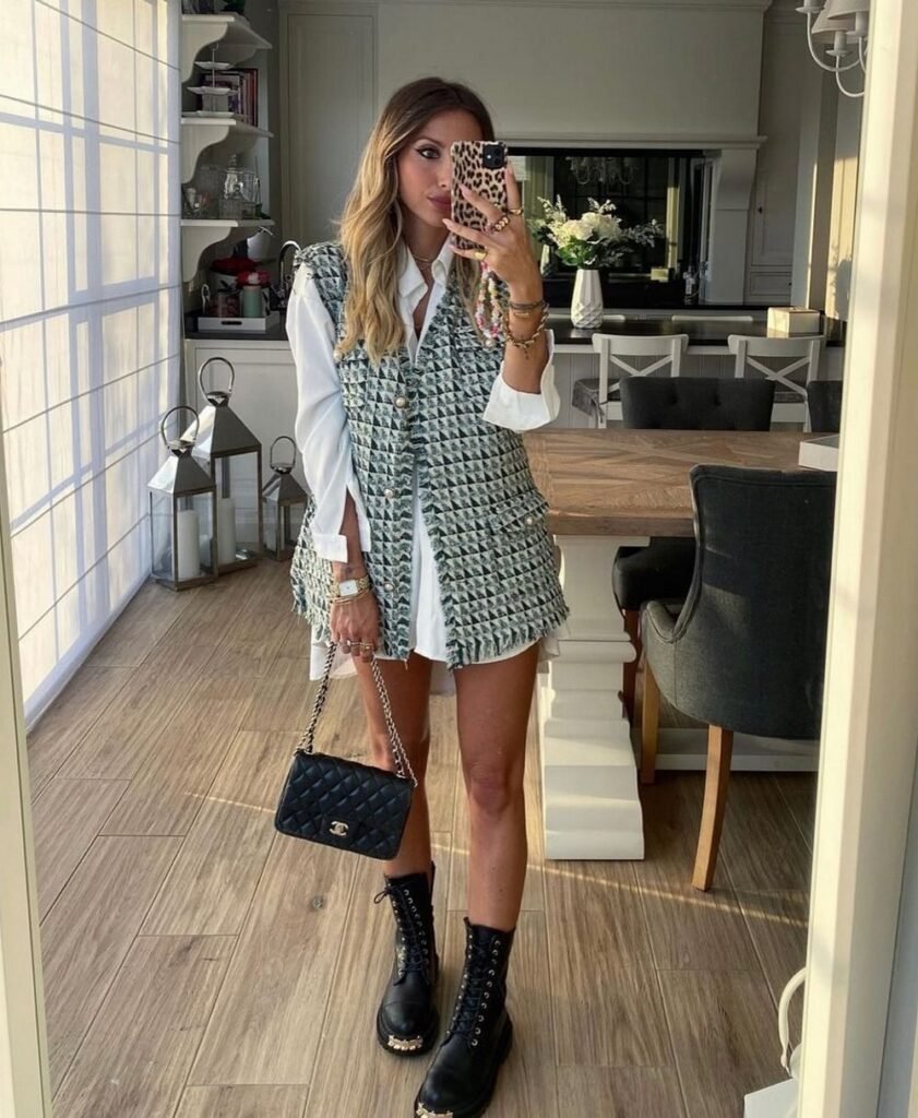 White Button-Down Shirt Dress + Green Tweed Sleeveless Vest + Black Combat Boots