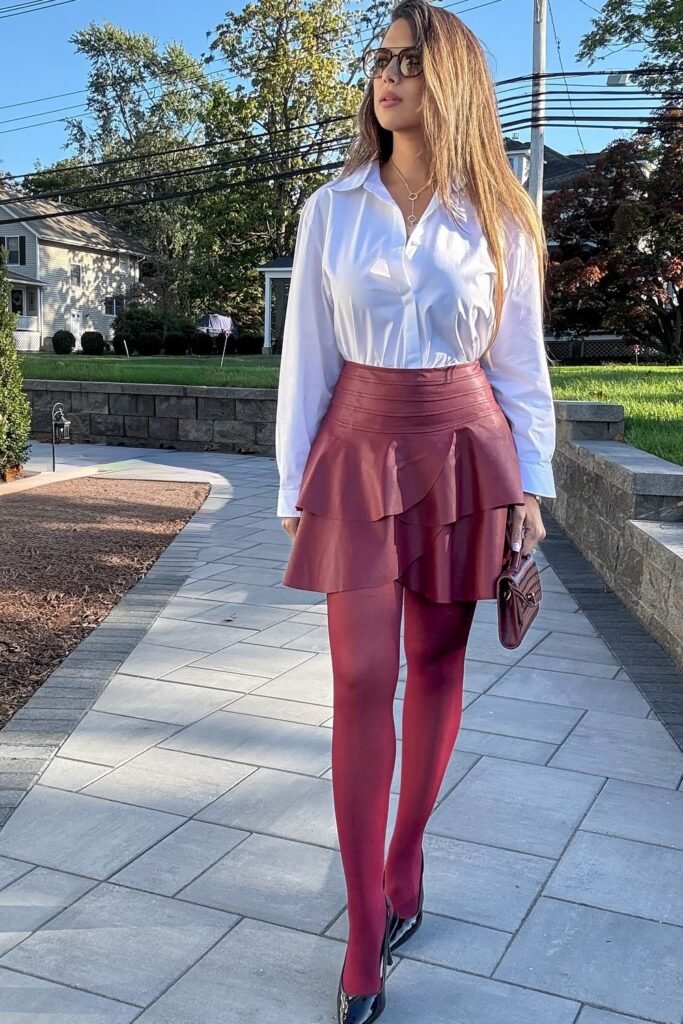 White Button-Down Shirt + Red Leather Ruffle Mini Skirt + Matching Red Tights + Black Heels