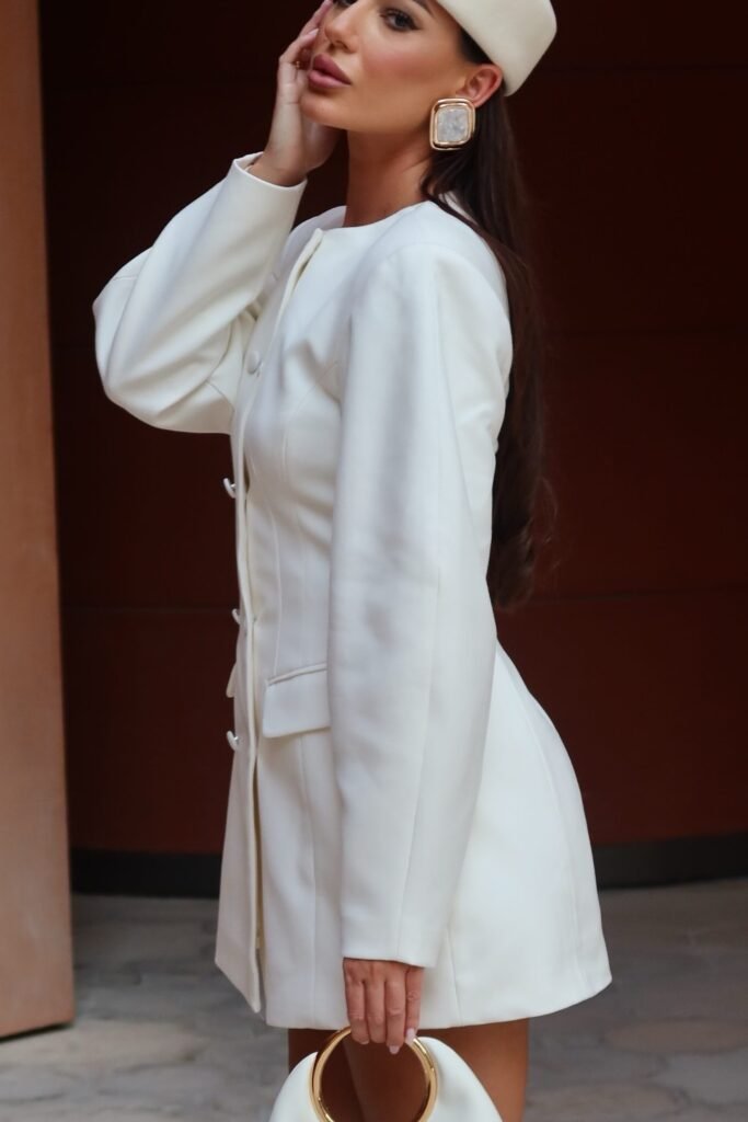 White Button-Up Blazer Dress + White Beret + Gold Earrings