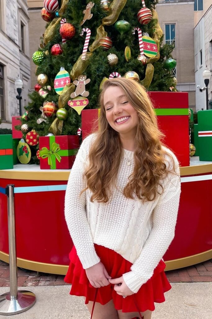 White Cable-Knit Sweater + Red Ruffled Mini Skirt + Gold Necklace