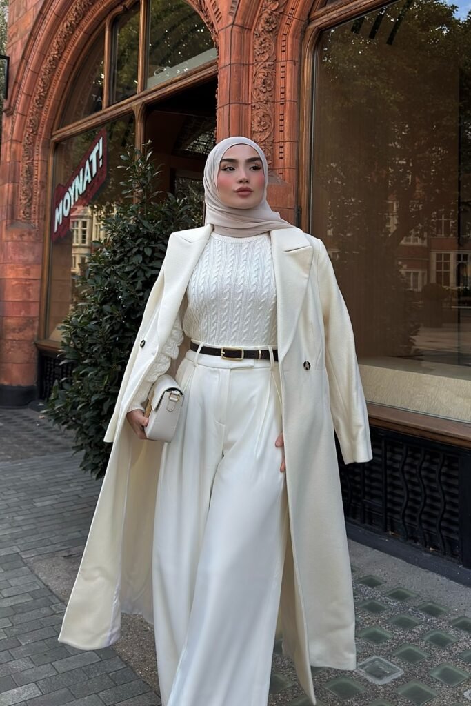 White Cable Knit Sweater + White Wide-Leg Trousers + Cream Long Coat + Beige Hijab + White Handbag