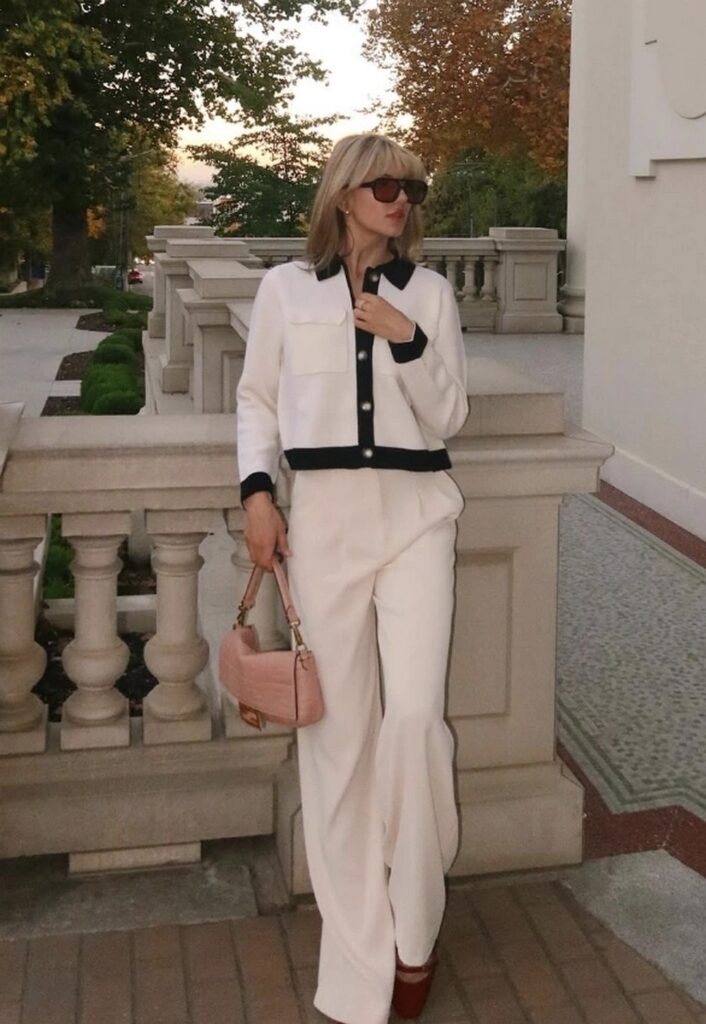 White Cardigan + Tailored Cream Trousers + Chunky Heeled Booties