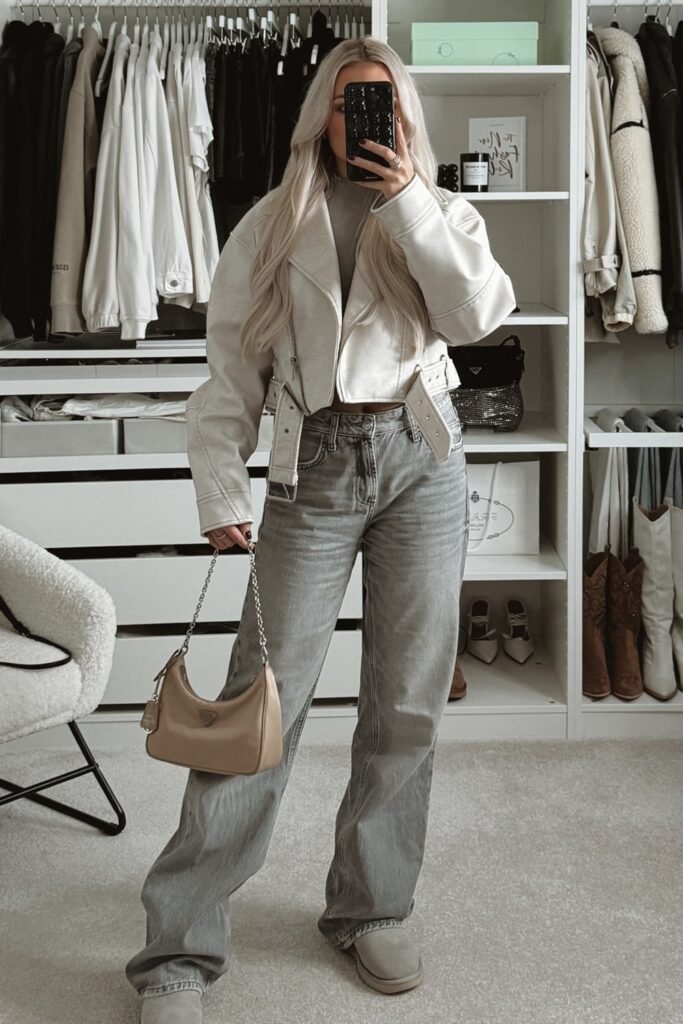White Cropped Biker Jacket + Grey Turtleneck + Grey Straight-leg Jeans + Grey Ugg-style Boots
