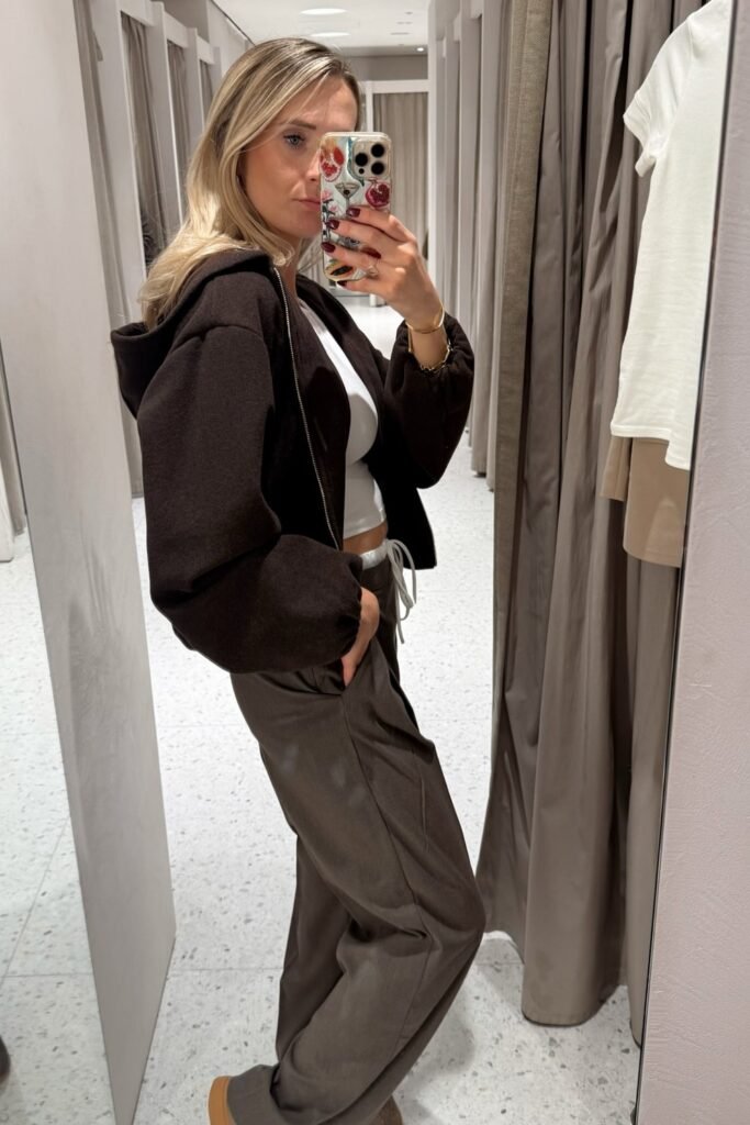 White Cropped Tank Top + Brown Wide-Leg Trousers + Brown Zip-Up Hoodie/Jacket