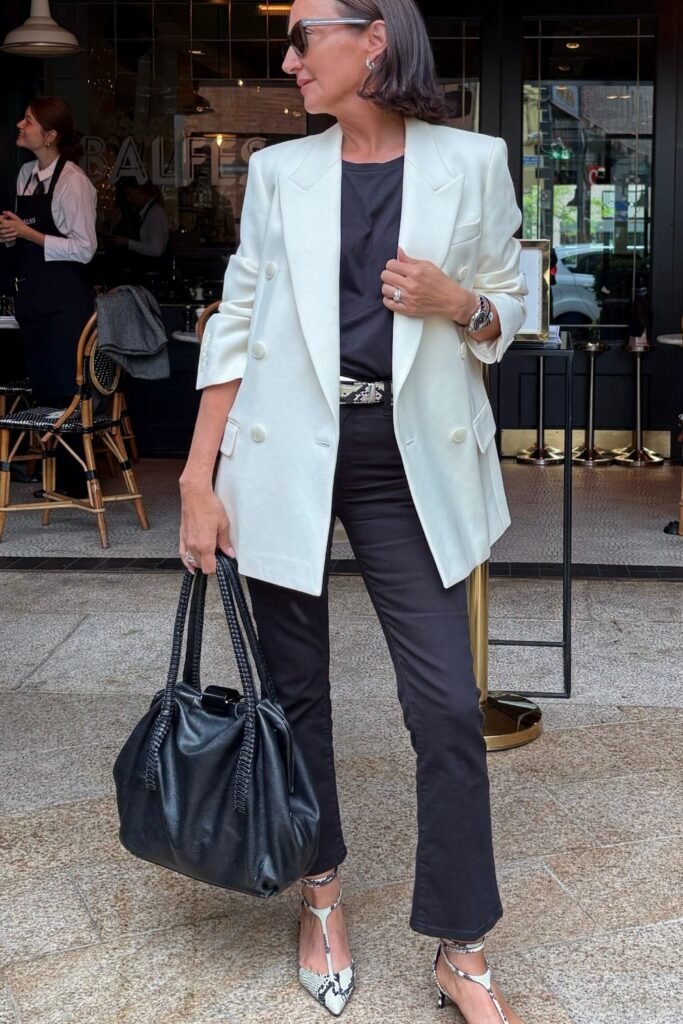 White Double-Breasted Blazer + Black T-Shirt + Black Cropped Flare Pants + Snakeskin Pumps