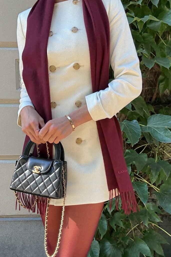 White Double-Breasted Mini Dress + Burgundy Scarf + Burgundy Tights + Black Mini Handbag