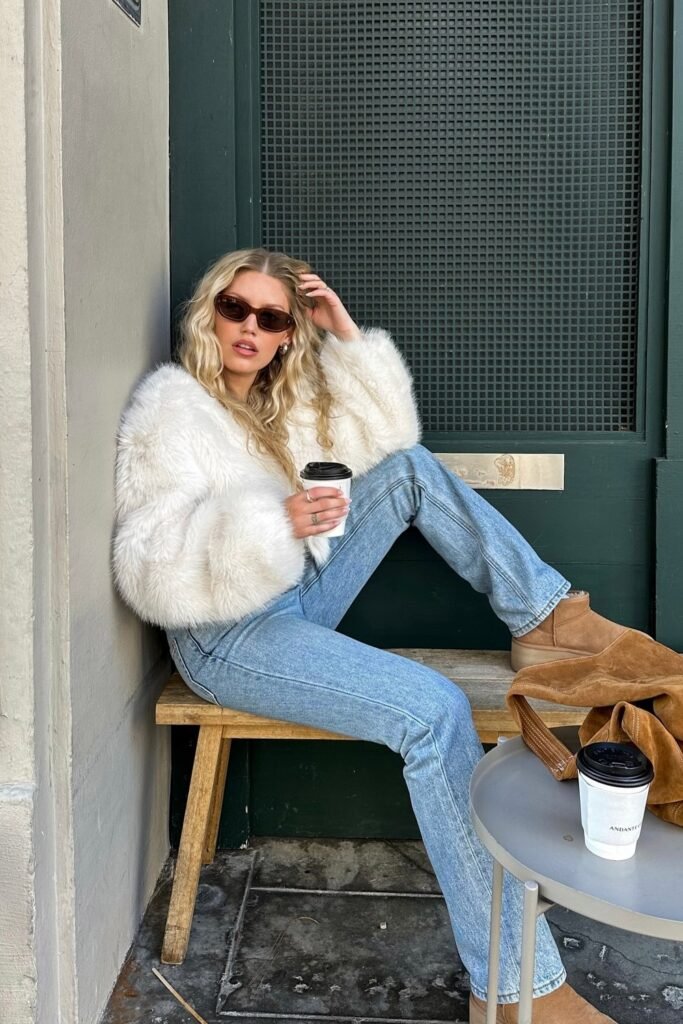 White Fluffy Faux Fur Jacket + Light Wash Straight-Leg Jeans + Tan Suede Boots