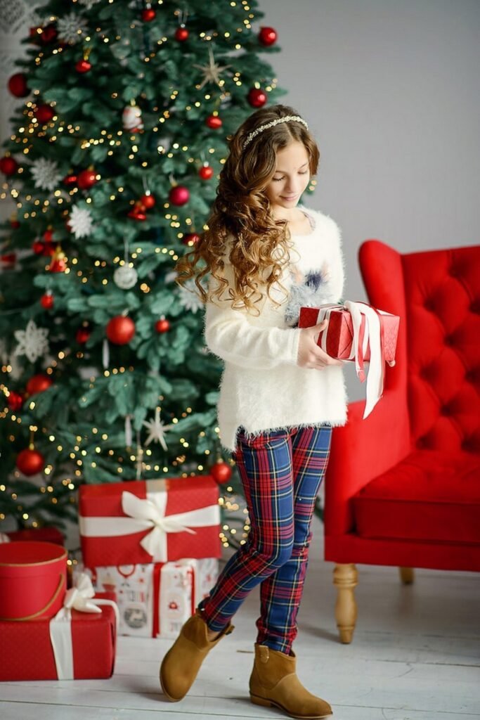 White Fluffy Sweater + Red and Blue Plaid Leggings + Brown Suede Ankle Boots + Headband