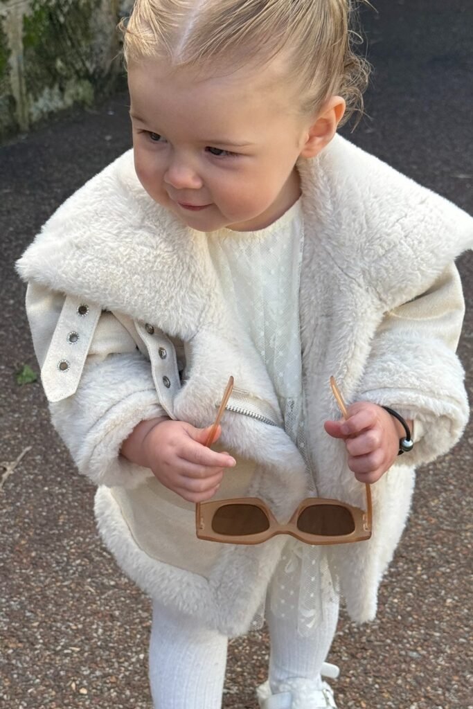 White Furry Jacket + White Dress + White Tights + Beige Shoes