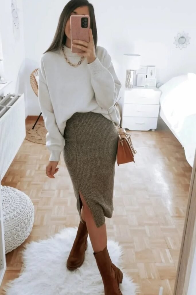 White High-Neck Sweater + Ribbed Brown/Taupe Midi Skirt with Slit + Brown Platform Ankle Boots + Tan Shoulder Bag