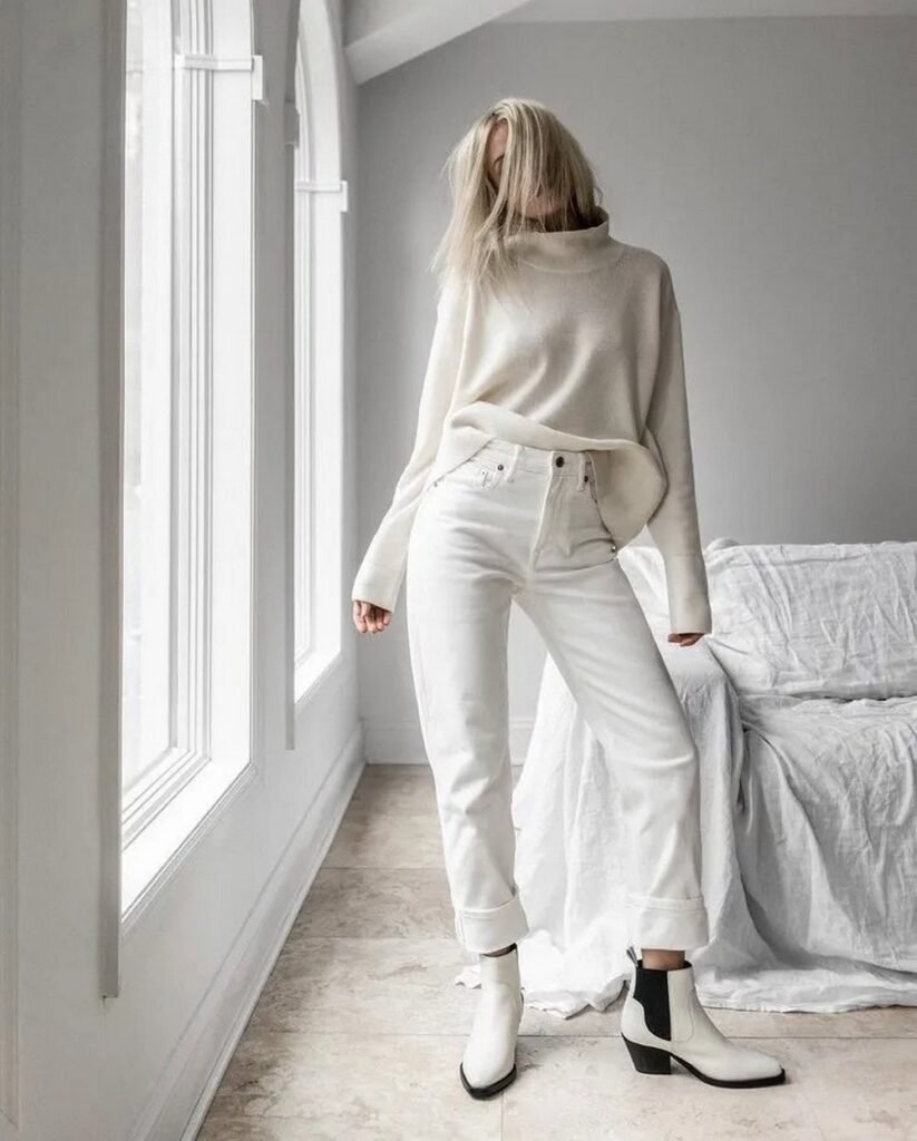 White High-Neck Sweater + White Rolled-Cuff Jeans + White and Black Chelsea Boots