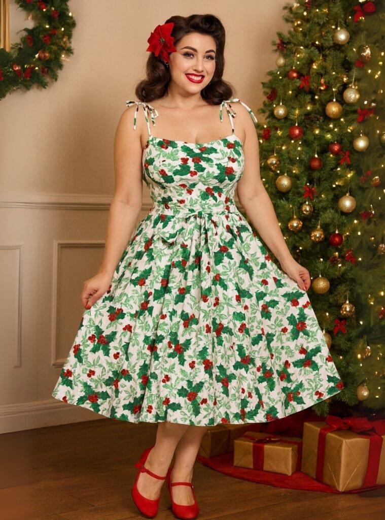 White Holly Berry Print Sundress + Red Flats + Red Flower Hair Clip