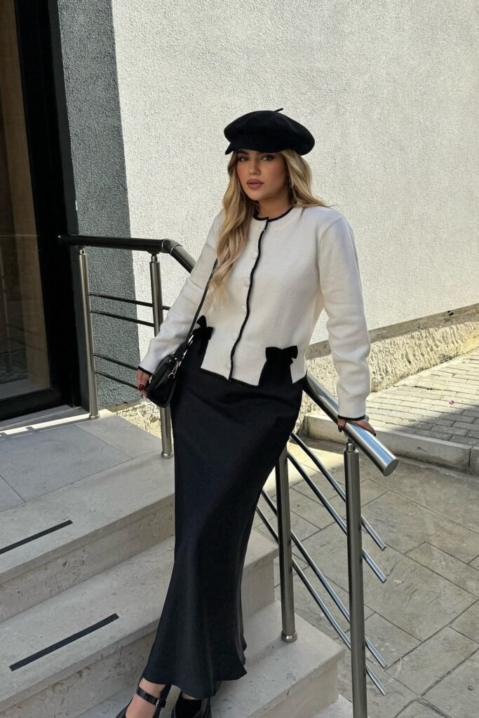 White Knit Cardigan with Black Trim + Black Silk Maxi-Skirt + Black Beret