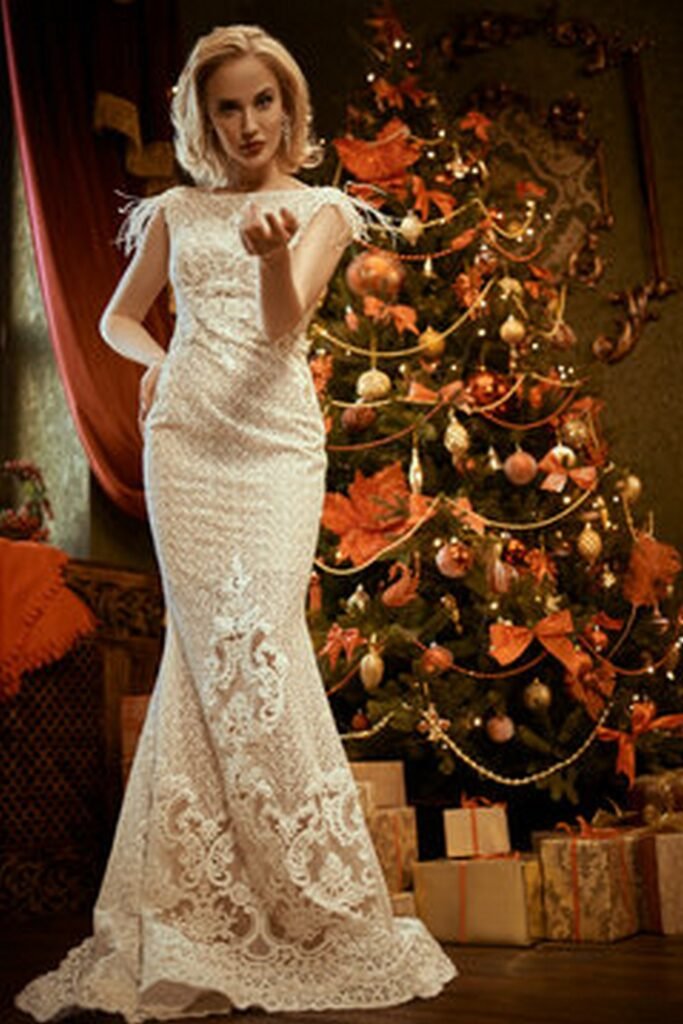 White Lace Floor-Length Dress with Feather Details