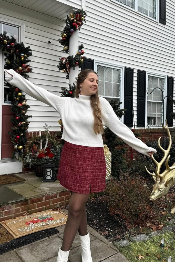 White Mock Turtleneck Sweater + Red Tweed Mini Skirt + Black Tights + White Ankle Boots