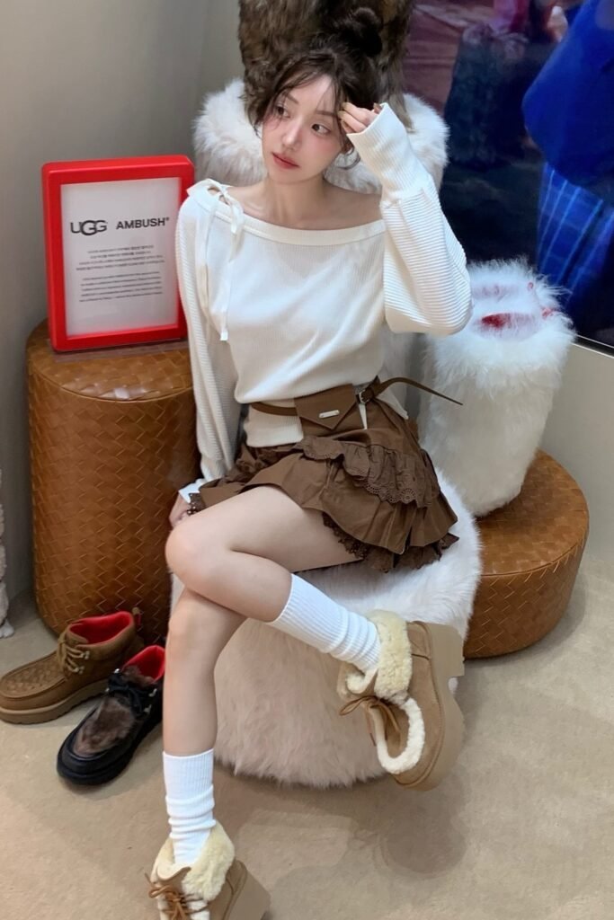 White Off-Shoulder Sweater + Brown Layered Mini Skirt + White Socks + Fur-Lined Brown Shoes