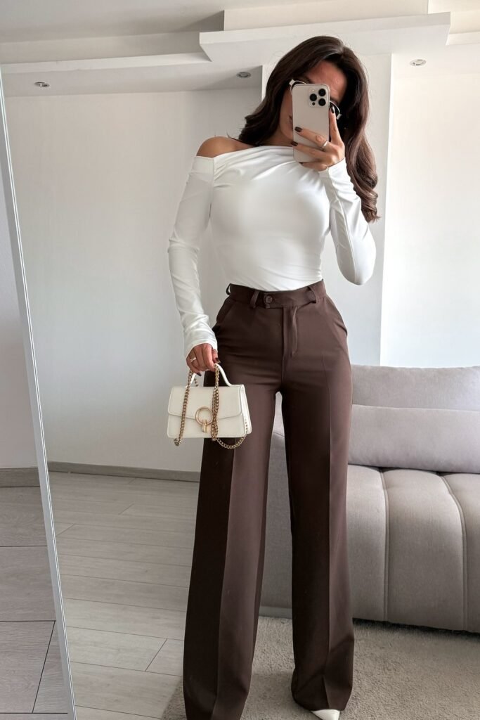 White Off-Shoulder Top + Brown Wide-Leg Trousers + White Mini Bag