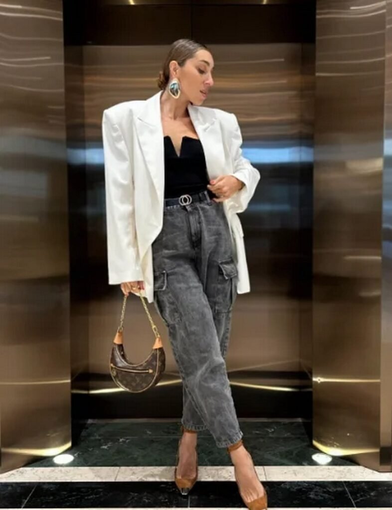 White Oversized Blazer + Black V-Neck Bodysuit + Grey Wash Cargo Jeans + Tan Pointed Toe Heels + Brown Louis Vuitton Hobo Bag