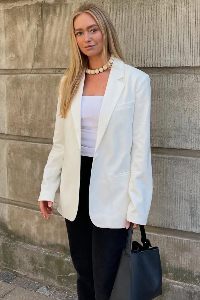 White Oversized Blazer + White Tube Top + Black Trousers + Statement Pearl Necklace