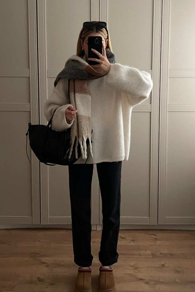 White Oversized Fluffy Sweater + Plaid Scarf + Black Straight-Leg Jeans