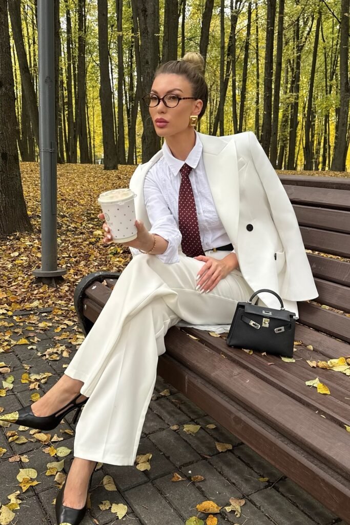 White Oversized Suit Blazer + White Wide-Leg Trousers + White Button-Up Shirt + Maroon Tie + Black Heels
