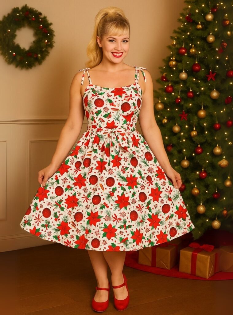 White Poinsettia and Ornament Print Sundress + Red Mary Jane Flats + High Ponytail